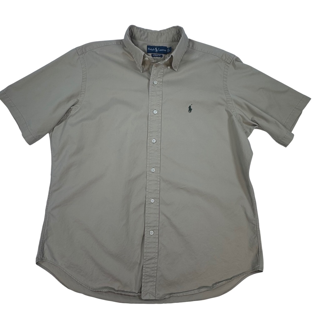 Ralph Lauren Classic Fit Mens Khaki Tan Short Sleeve Button Down Shirt Large